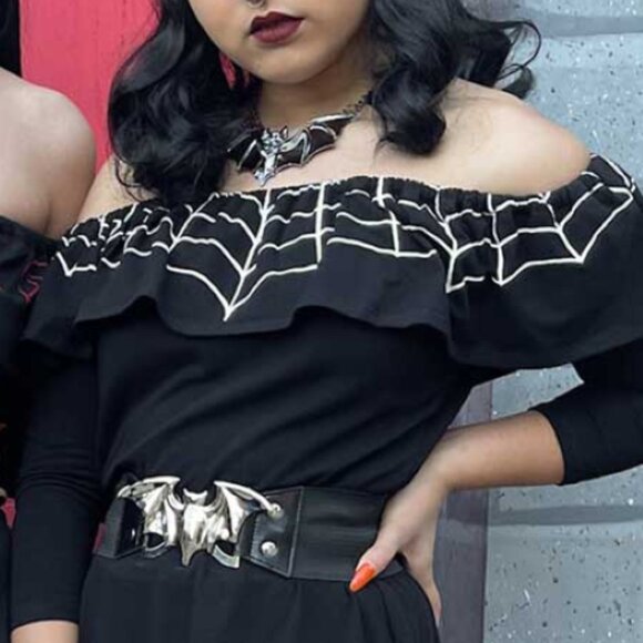 Bat Belt Womens L XL Silver Stretchy Elastic Waist Halloween Kreepsville Gothic - Picture 4 of 5